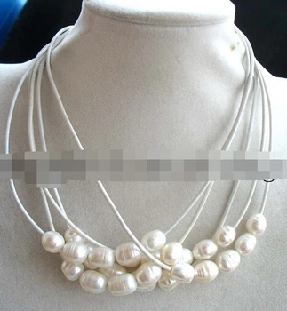 

FREE SHIPPING 11.22 5strands white freshwater pearl and white leather necklace