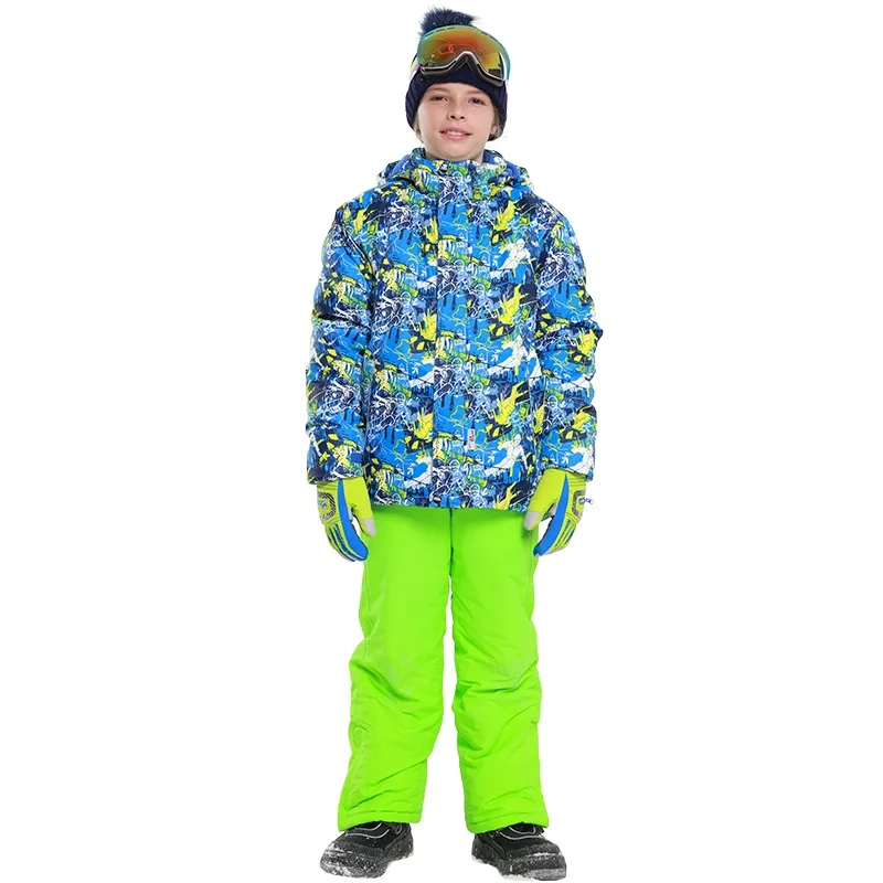 Зимние водонепроницаемые ветрозащитные лыжные комплекты для мальчиков, детская теплая лыжная куртка, детские спортивные костюмы для сноуборда с капюшоном - Цвет: 81722Green