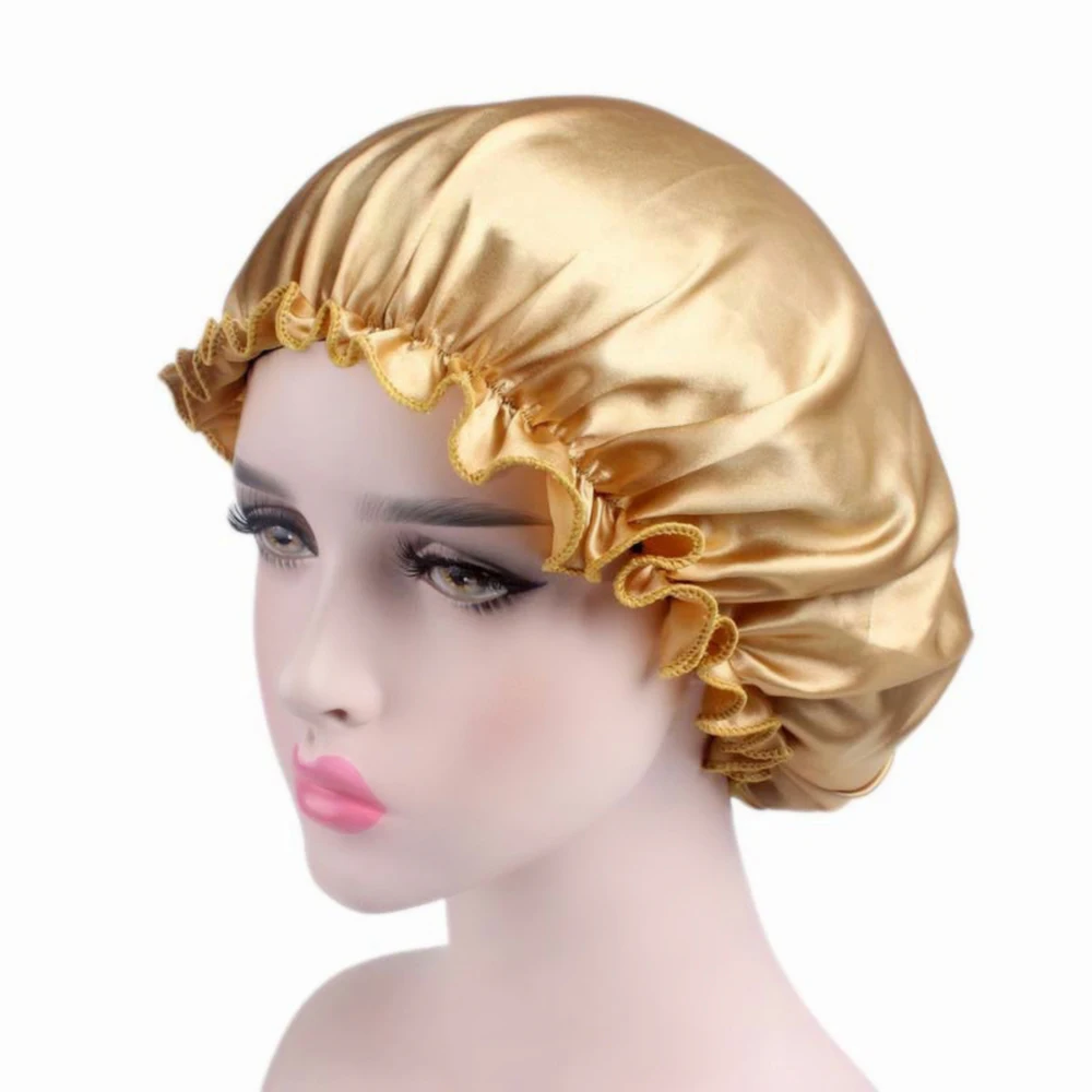 Женские атласные шляпки для волос, шапочка для душа для сна, шелковое покрытие для головы, широкая эластичная лента, шапочка для женщин, шапки для ухода за волосами, шапка для ванны - Цвет: gold color