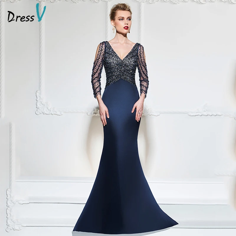 Dressv dark navy mermaid long evening dress v