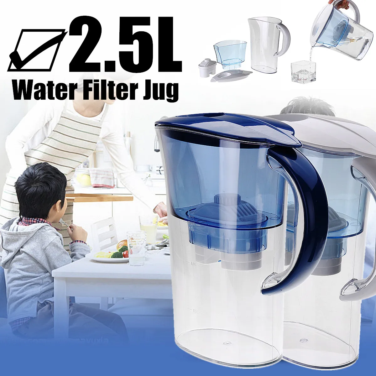 

Light/Dark Blue Water Filter Jug + Water Filter Cartridge Reduces Limescale/Substances/Metals Better Tasting Tea and Coffee