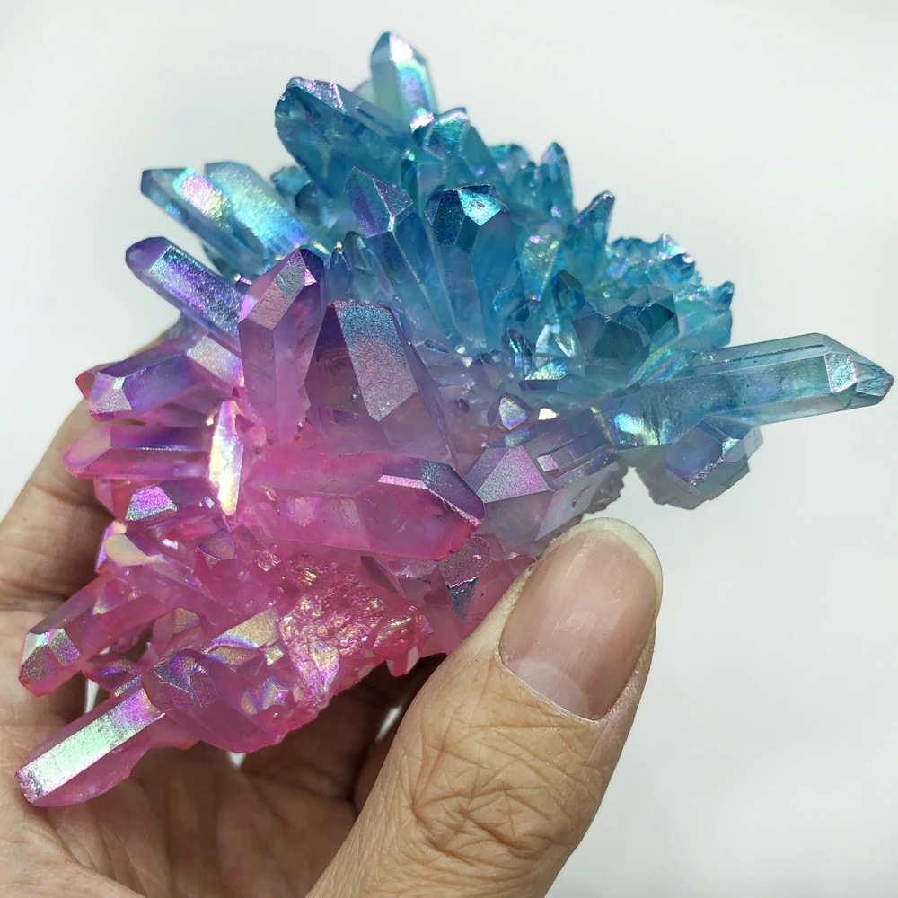 Розовый синий аура с титановым покрытием кварцевый кристалл кластер Drusy Geode Angel Aura