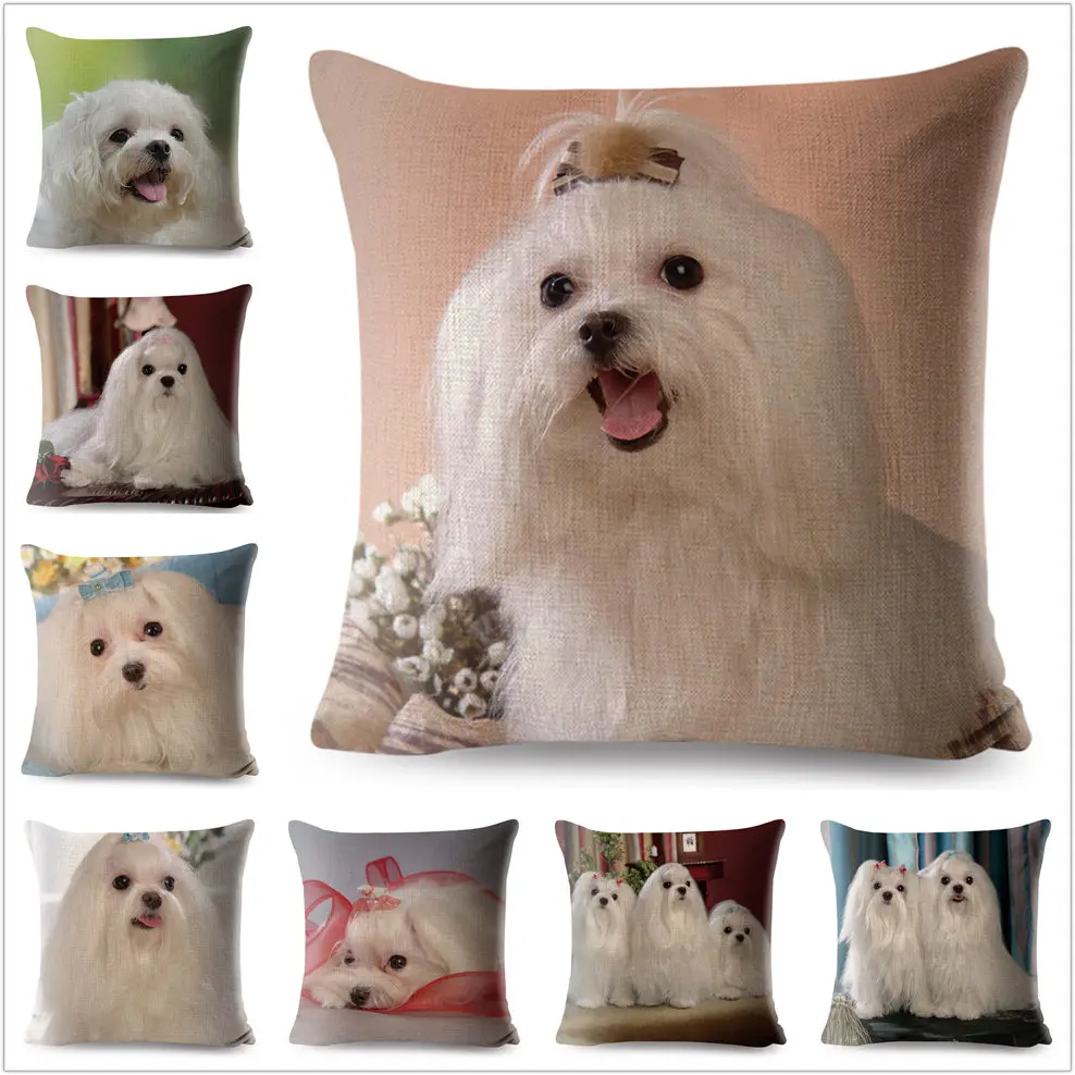 Cute Animal Pet Maltese Dog Pillow Cover Linen Cushion Covers 45*45cm Square Pillow Case Sofa Car Home Decoration Pillowcase