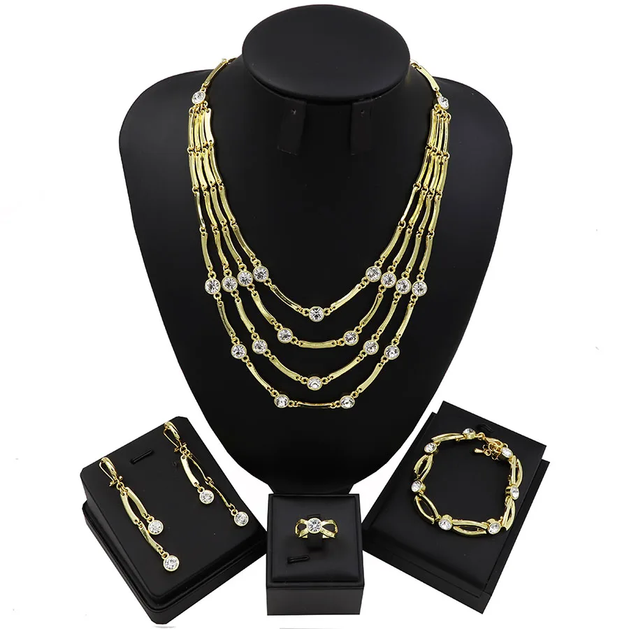 

TSROUND Dubai Gold Jewelry Sets for Women Three Layers Long Pendant Wedding Jewellery Set