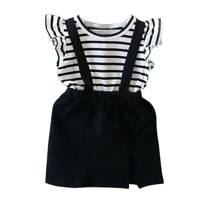 

Hot Summer Children Girls O Neck Striped Petal Short Sleeve Fake 2 Pieces Dress Baby Clothing