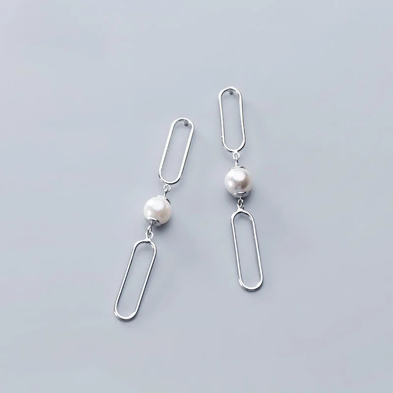 

Graduation Geometry Hollow Shell Pearl 925 Sterling Silver Dangling Earrings