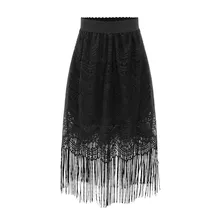 Весна Лето Новая мода кружева выдалбливают кисточкой женские юбки черного цвета повседневные офисные женские до середины икры женские юбки
