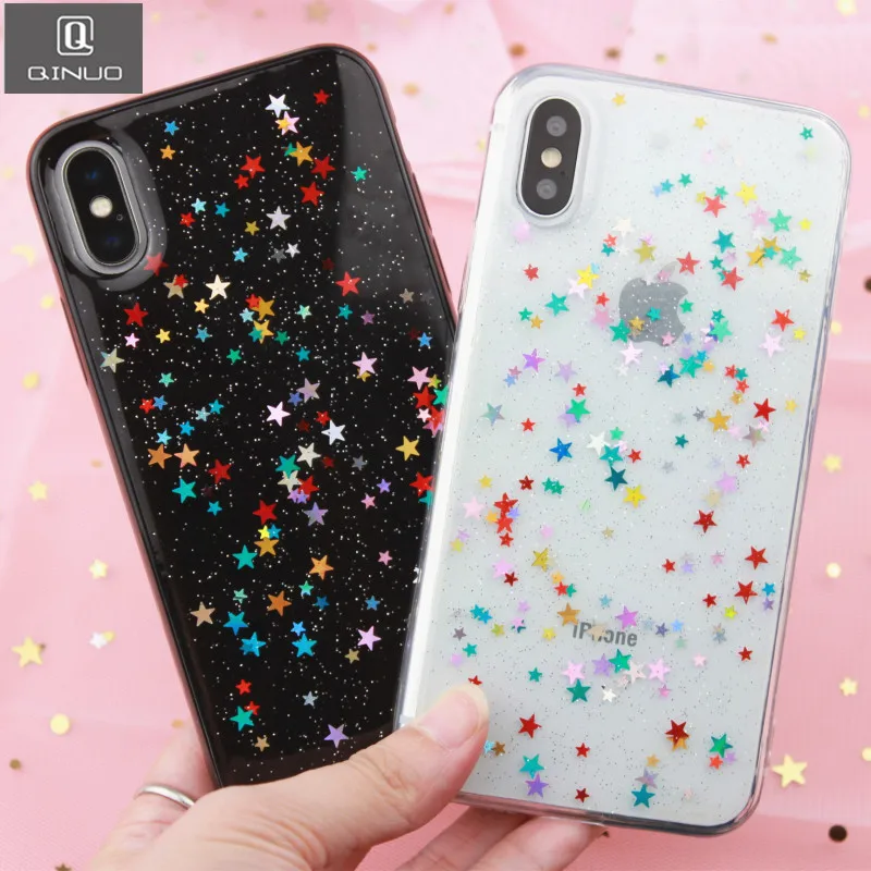 

QINUO Star Love Heart Sequin Phone Case for iPhone 7 8 X XR XS Max Bling Cover for iPhone 6 6s 7 8 Plus Glitter Clear Soft Funda