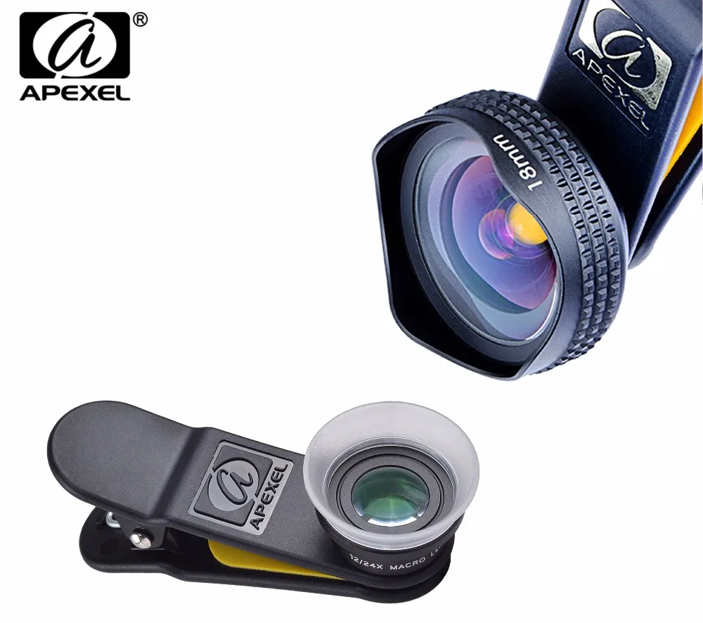 

APEXEL Professional 4K Wide lens 0.6X HD super wide angle lens and 12-24X macro lens for iPhone 8 7s plus HTC cellphone 1824X