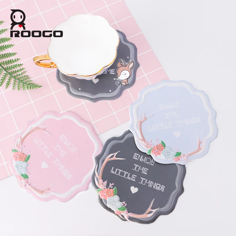

Roogo Cute Deer Design Coasters Home/Office Decoration Accessories Creative PVC Animal Pattern Cup Mat For Table Decoration