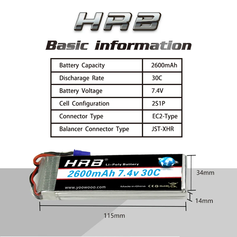 HRB Lipo 2s батарея Hubsan H501S батарея 7,4 V 2600mah 30C EC2 Радиоуправляемый Дрон Akku литий-полимерный для радиоуправляемого квадрокоптера вертолета самолета