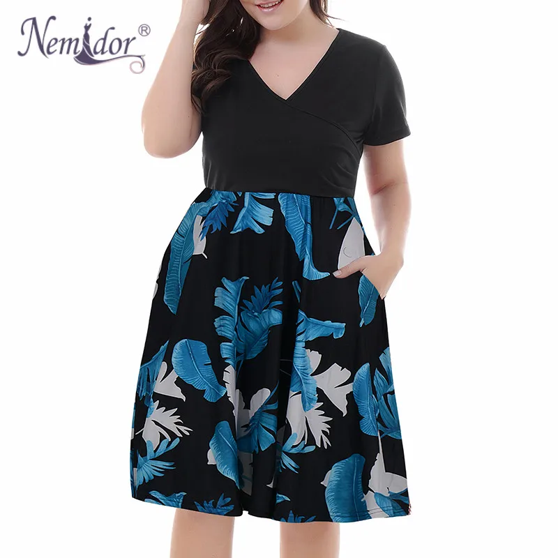 Nemidor Women's V-Neck Print Pattern Casual Work Stretchy Plus Size Swing Dress with Pocket (11)