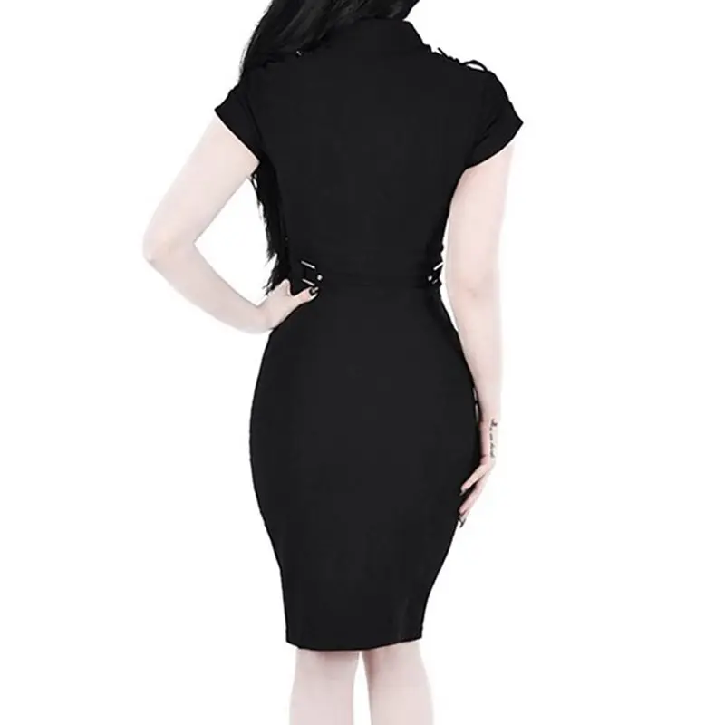 Black Gothic Sexy Women Bodycon Dress Summer French Uniform Streetwear Punk Belt Design Slim Goth Casual Pencil Dresses Female