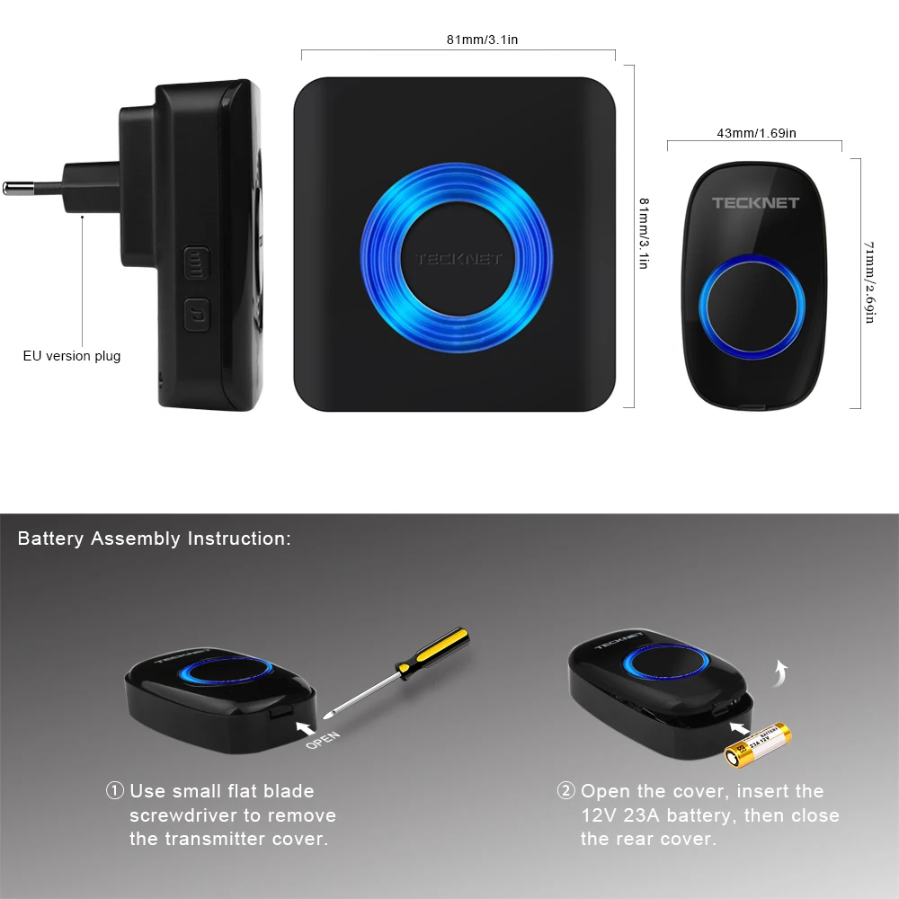TeckNet Беспроводной дверной звонок с двойными стенками Подключаемый модуль беспроводной дверной звонок 300 м Диапазон 52 перезвон 4 уровня громкости штепсельная вилка европейского стандарта входной двери дверной звонок