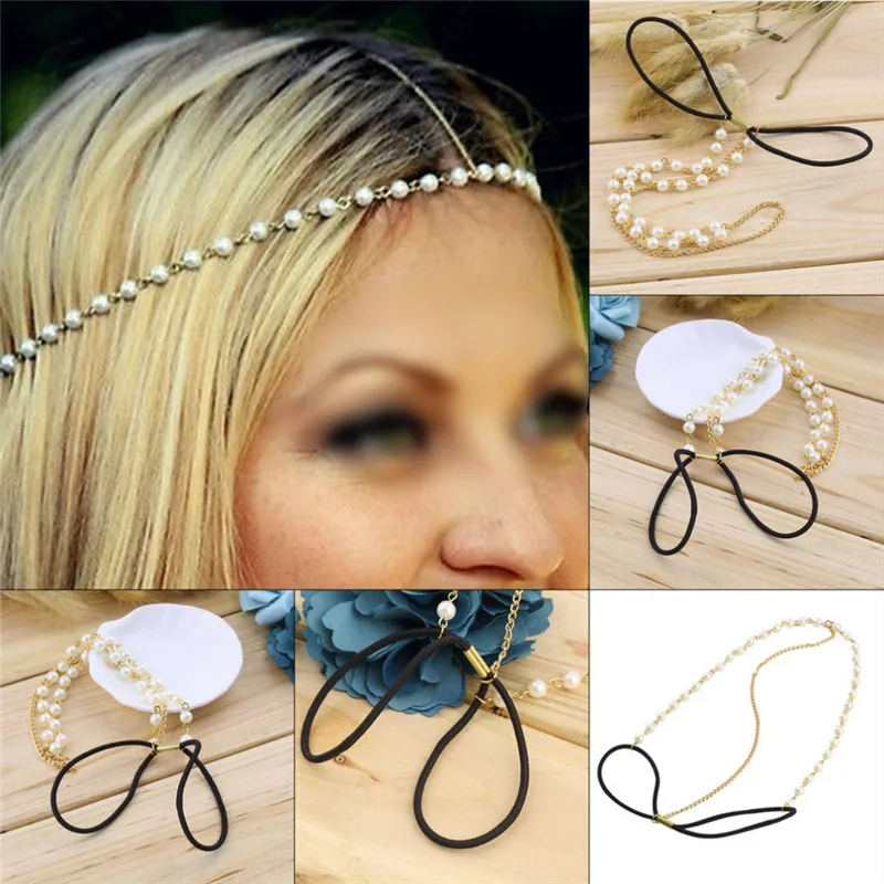 Women Metal Pearl Head Chain Forehead Elastic Headband Piece Hair band drop shipping