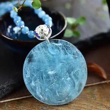 

Genuine Natural Blue Aquamarine Gemstone Clear Round Shape Pendant 55x10mm AAAAA For Lady Man Power Healing Stone