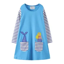 Бисер девушка платье принцессы, платья для девочек, длинный рукав, аппликация рыбы для девочек хлопок Костюмы карманы вечерние Детские костюмы красивое платье