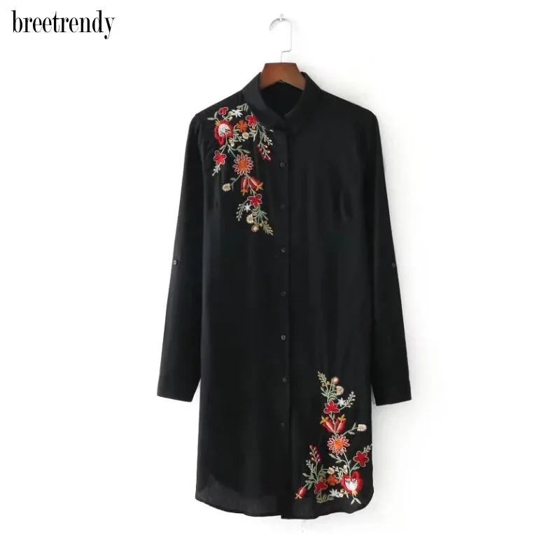 CS709 модная женская черно-белая элегантная хлопковая блузка с цветочной вышивкой, длинный дизайн, короткие офисные женские блузки, топы - Цвет: Черный