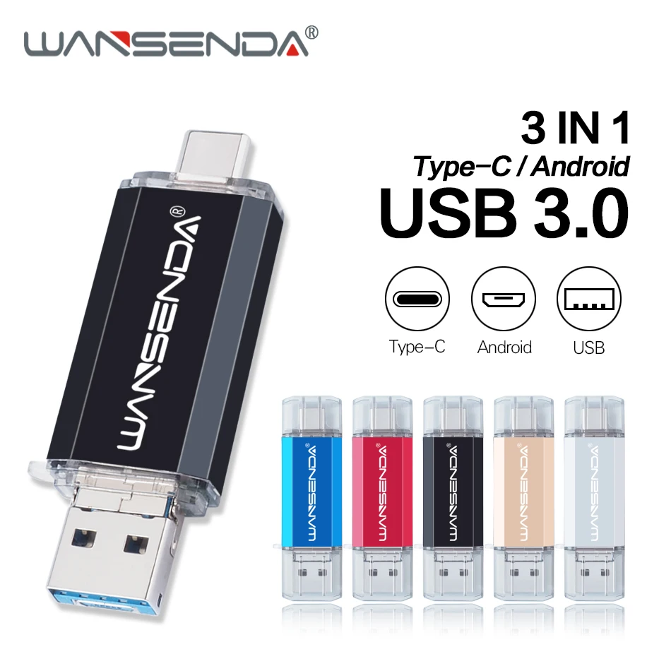 Wansenda 3 в 1 OTG USB флэш-накопитель USB3.0+ Micro USB+ type-C Pen Drive 256 ГБ 128 Гб 64 ГБ 32 ГБ 16 ГБ Флешка для Android/PC