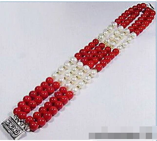 

FREE SHIPPING4 Rows Red Coral White Pearl Beads 18KWGP Crystal Bracelet