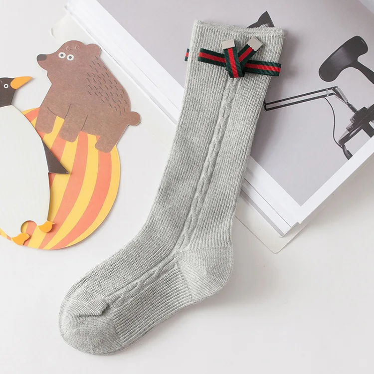 Ins/носки для маленьких девочек с бантами; классические детские хлопковые носки-трубы для школьниц; сезон осень-зима; детские носки; skarpetki - Цвет: Серый