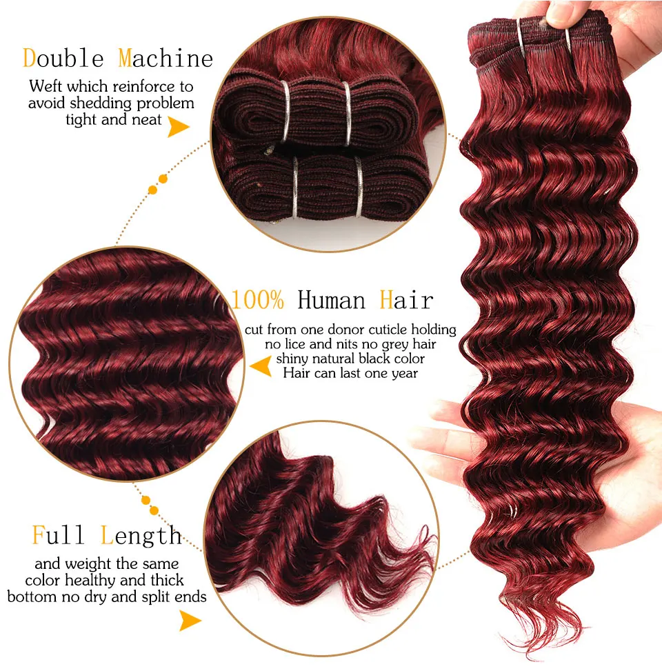 Pinshair Pre-Colored Red Human Hair With Closure 99J Brazilian Deep Wave 3 Bundle With Lace Closure Burgundy Thick Hair Non Remy (5)