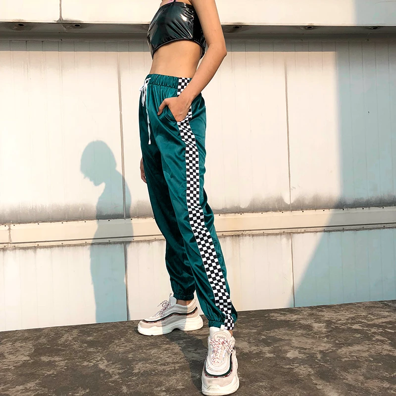 

New European station checkerboard stitching fashion casual pants cotton Europe and America street Harlan feet pants female tide