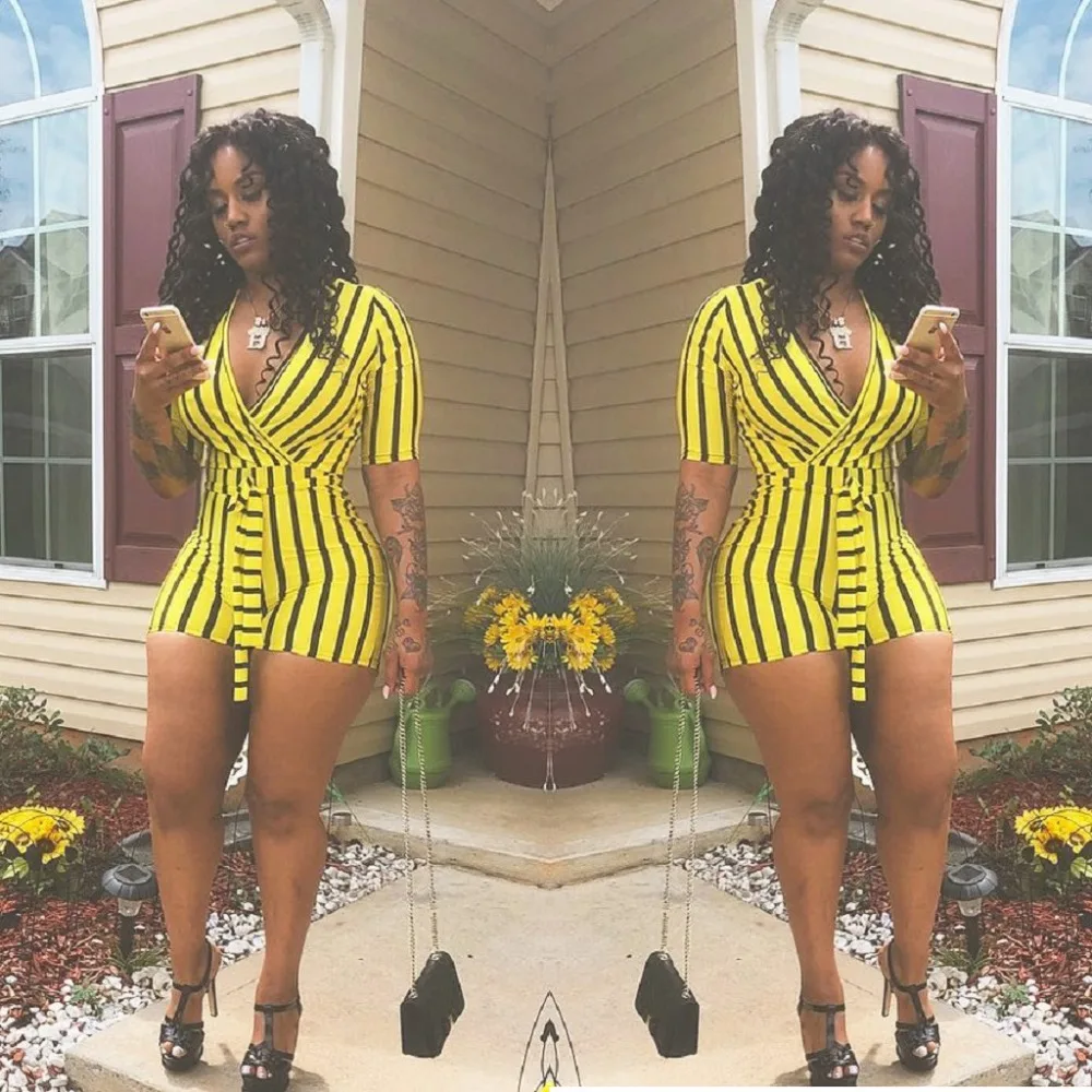 

Summer Striped Print Women Bodysuits Deep V Short Sleeve Sexy Bandage Nightclub Playsuits Short Rompers Women Bodycon Jumpsuits