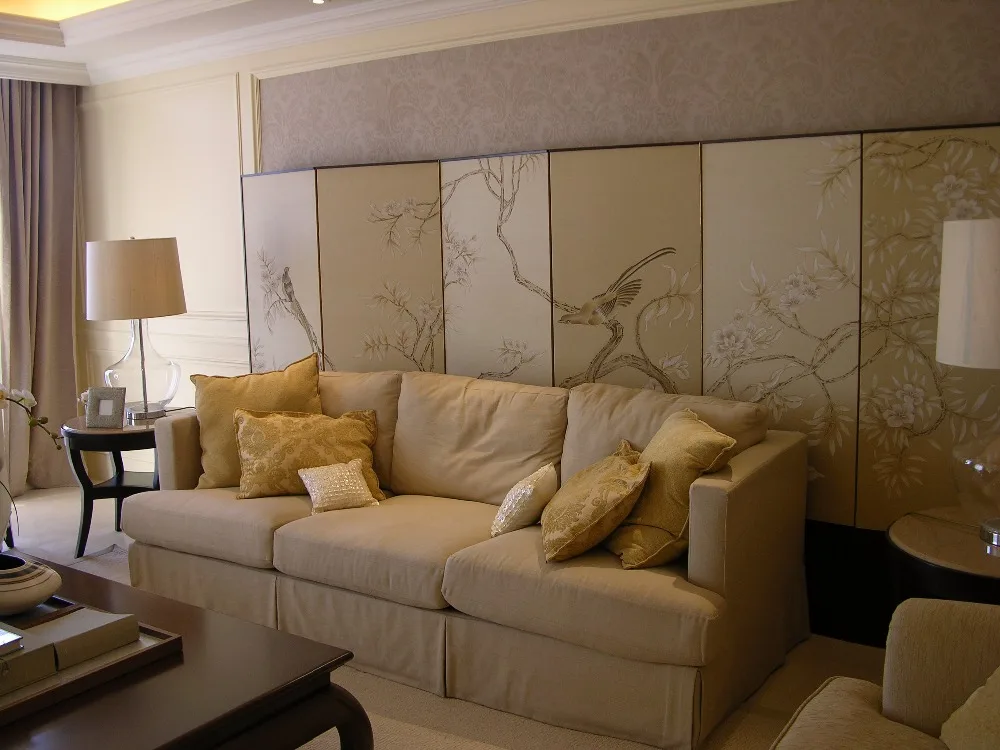 

Vintage style classic Hand-painted silk wallpaper painting flowers with birds wallcovering many patterns and background optional