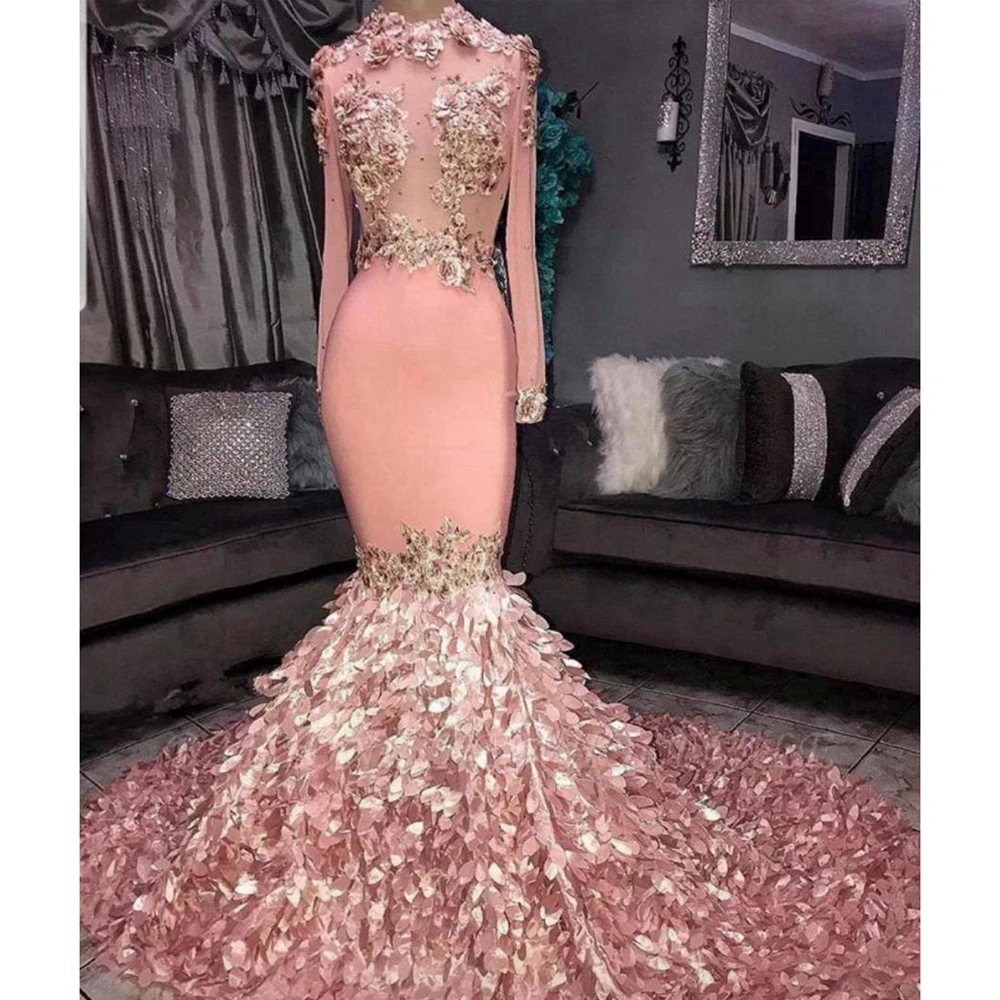 

Pink Mermaid Prom Dresses Long Sleeves 2019 New Arrival Leaves Lace Appliques See Through Formal Evening Party Gowns BP085