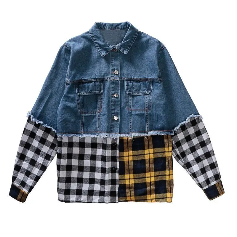 

[EWQ] 2019 new spring lapel long sleeve blue denim half plaid tassels split joint loose jacket women coat JE69305S