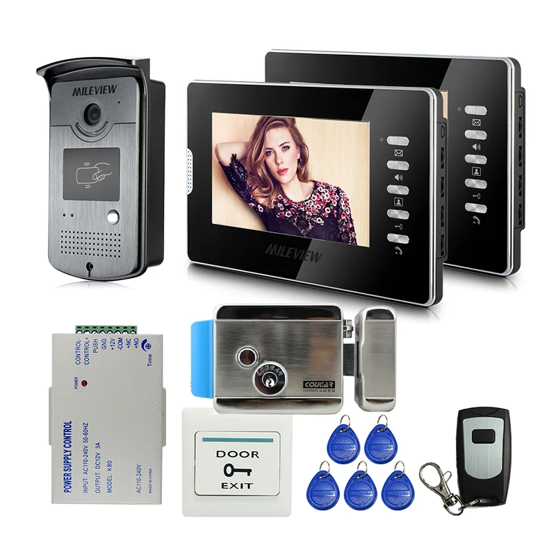 

Whole sale Brand New 7 inch Color Video Door Phone Intercom System 2 Monitors + RFID Access Camera Electric Lock FREE SHIPPING