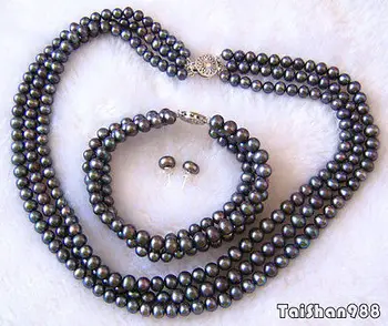 

Hot sale Free Shipping>>3 Rows Genuine Black Pearl 18KWGP Flower Clasp Earrings Bracelet Necklace