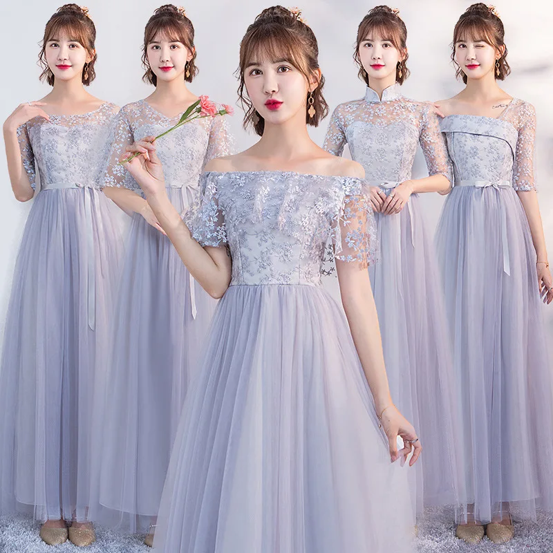 Ankle-length Tulle Floral Gray Pink Elegant Sexy Sweet Long Formal Sister Prom Guest Vestidos women Summer Dress Mesh Dress