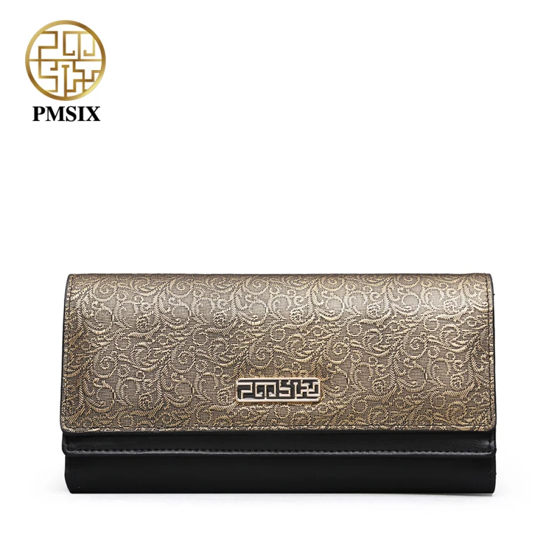 

PMSIX Autumn Winter Ladies Long Genuine Leather Wallet Embossed Flower Retro Vintage Women Leather Clutch Wallets P410017