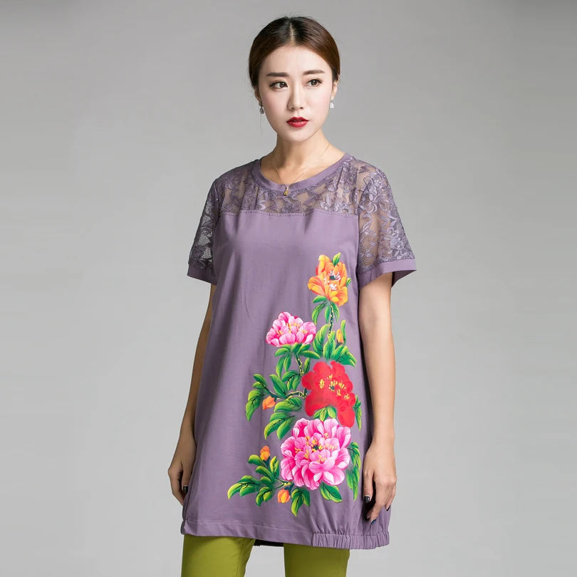 2016 China style peony Hand paint big size women clothing Summer cotton long T shirt lace