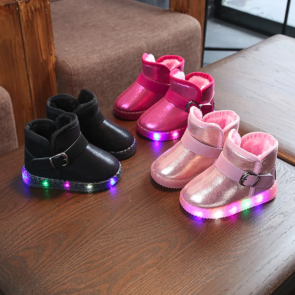 Kids Shoes Children Baby LED Light Up Luminous Sneakers Winter Warm Snow Boot girls black boots