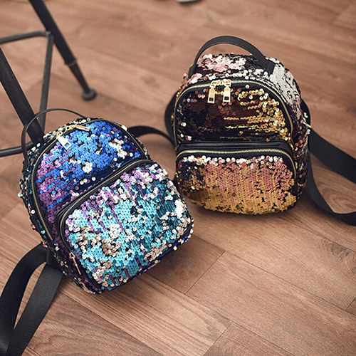 

3 Colors PU Leather Sequins Backpack Girls Small Travel Princess Bling Backpacks New Arrival Women All-match Bag