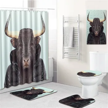 

F 5 Pieces Bull Elephant Head Bathroom Mats Waterproof Shower Curtain Bath Rug Sets Toilet Household Foot Pad Flannel Carpet