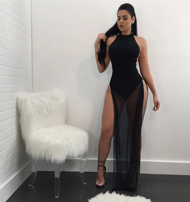 Adogirl شبكة خليط الرسن عارية الذراعين السامية الشق مثير اللباس الصلبة ليلة نادي اللباس الصيف شاطئ فساتين ماكسي vestidos