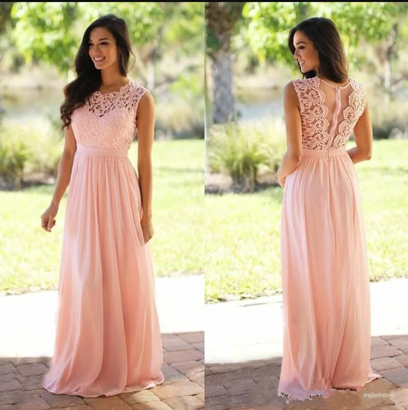 Blush Pink Bridesmaid Dresses Jewel Neck Zipper Back Long Chiffon