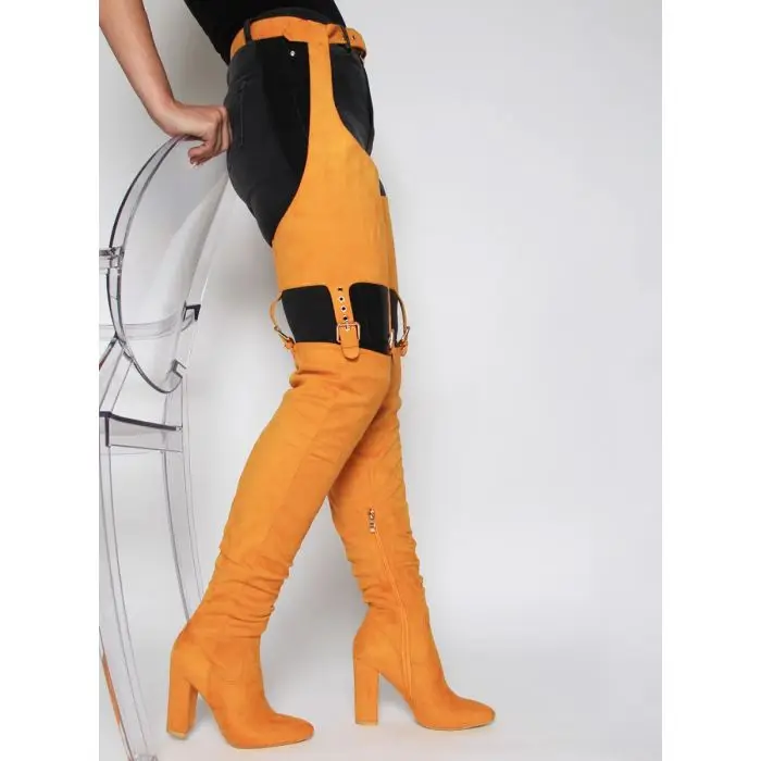 

Rihanna Flock High Boots Winter Over Knee Fashion Heeled Boots Strap Solid Pointed Toe Square Heel Zip Rubber Boots