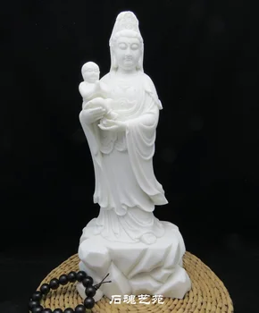 

41CM LARGE family Protection efficacious Talisman SONGZI Guanyin Buddha FENG SHUI royal White marble engraving Sculpture statue