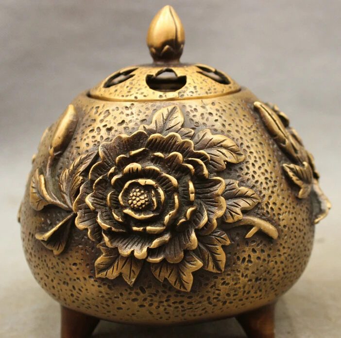 

JP S0610 Folk Chinese Bronze Buddhism Mum Flower Statue Round Box Incense Burner Censer