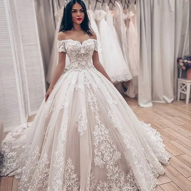 

Princess Off Shoulder Wedding Dress Bridal Gown Lace Pattern Short Sleeve Lace Up Back Custom Made Vestidos De Novia 2019