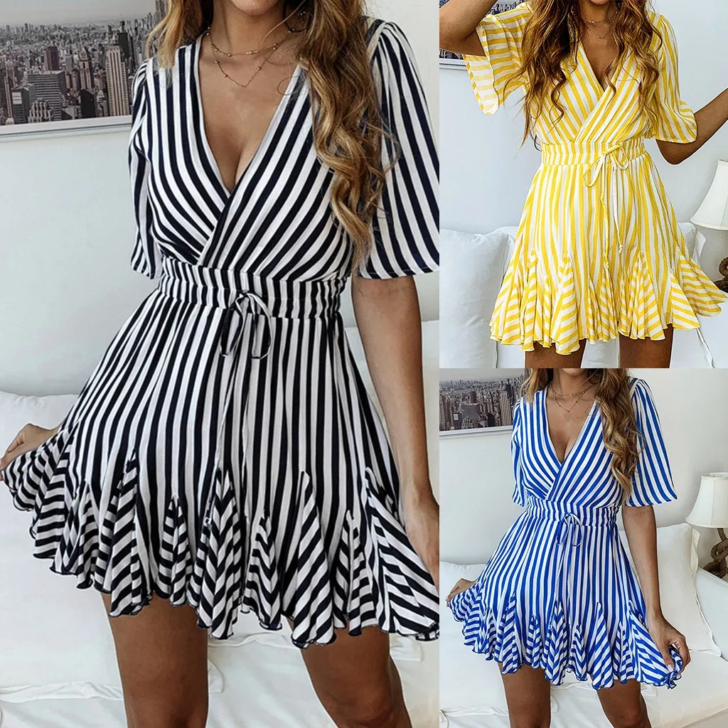 

Women's Dresses Spring Summer Dress 2019 Vestidos Women Fashion Casual Fashion Print Striped Short Sleeves Dress