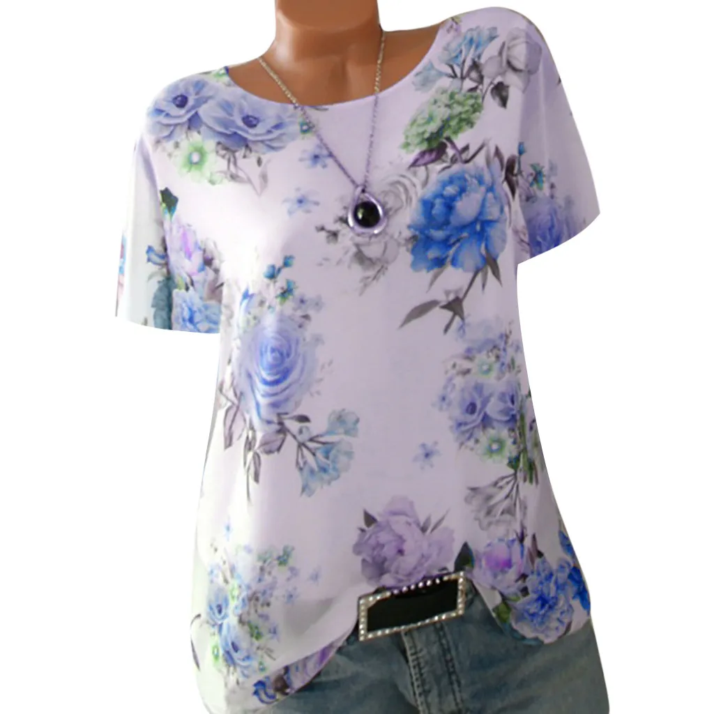 

Multicolor Top Women Plus Size Short Sleeve Loose Floral Print O-Neck Clothes Pullover Tops Shirt European Aesthetic Clothes Ins