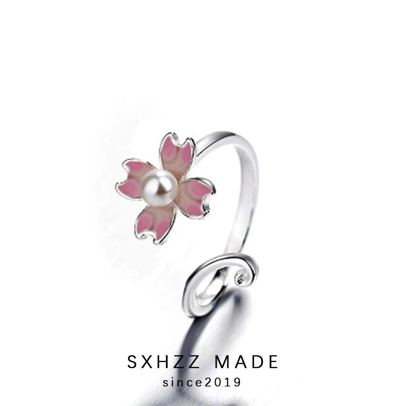 

SXHZZ New 926 Sterling Silver Sakura Oriental Cherry Ring for Women Adjustable Size Ring Fashion Jewelry Pink Flower Handmade