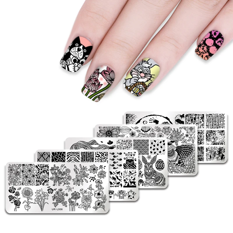 

UR SUGAR Nail Stamping Plates Rectangle Square Round Flower Animal Stripe Nail Art Stamp Template Image Print Plate