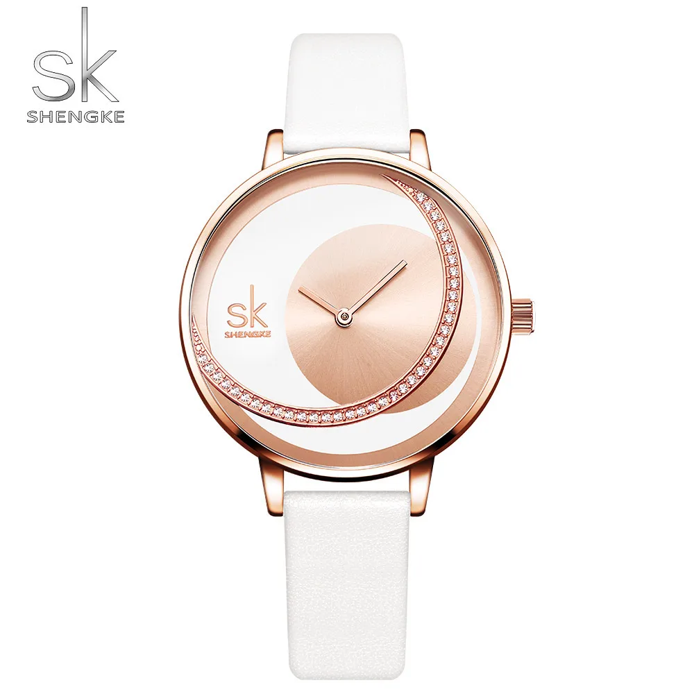 Женские часы SHENKE из розового золота, стразы, брендовые, белая кожа, креативные кварцевые женские часы, модные, повседневные, водонепроницаемые, Подарочные часы SK - Цвет: White Leather
